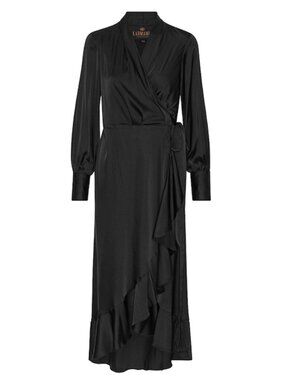 Karmamia Bea Black Satin Wrap Dress Ruffle Midi NWT Size S/M